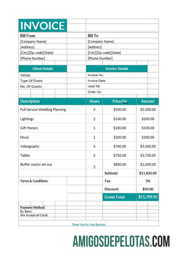 Fatura de planejamento de eventos modelo